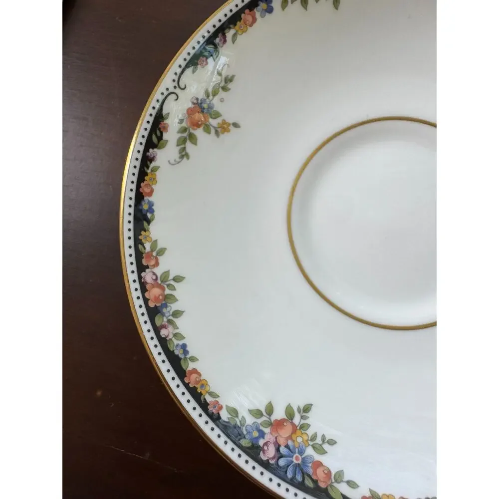 Wedgwood Osborne R4699 Bone China Saucer England Black Floral Gold Trim Vintage